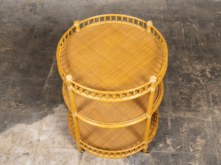 Midcentury Three-Tier Rattan Bar Cart or Rolling Serving Table with Gallery Rail - Image 5