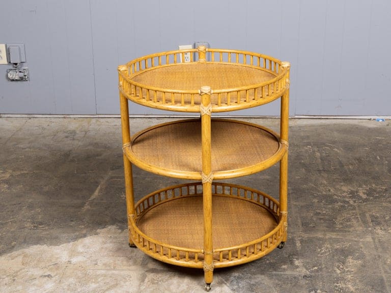 Midcentury Three-Tier Rattan Bar Cart or Rolling Serving Table with Gallery Rail - Image 4