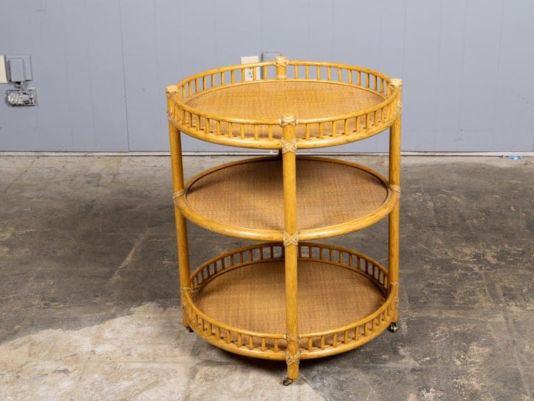 Midcentury Three-Tier Rattan Bar Cart or Rolling Serving Table with Gallery Rail - Image 3