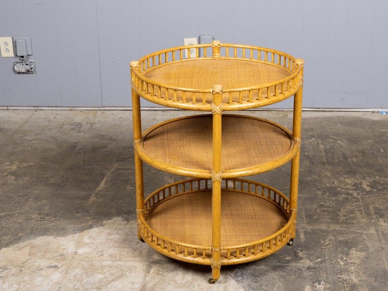 Midcentury Three-Tier Rattan Bar Cart or Rolling Serving Table with Gallery Rail - Image 2