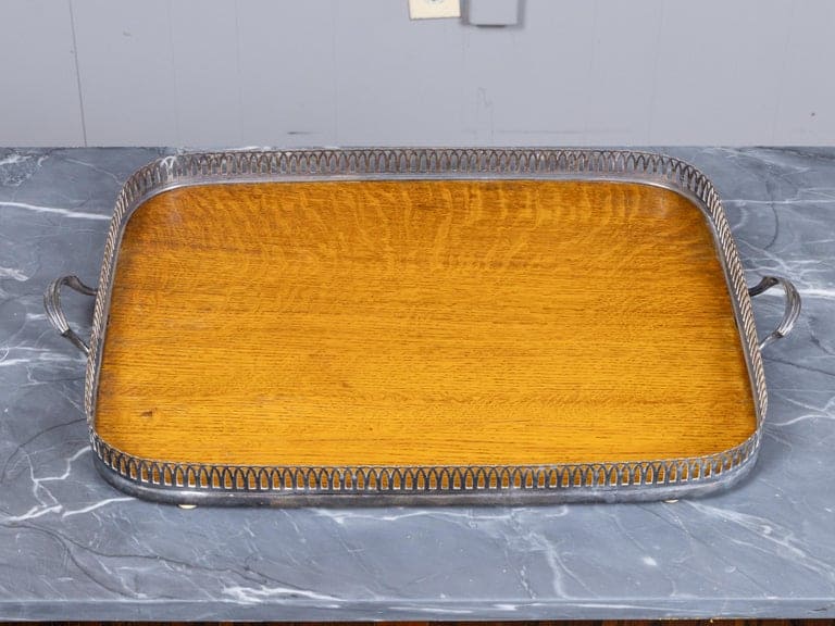 English 19th Century Oak Serving Tray with Pierced Metal Gallery and Handles - Image 2