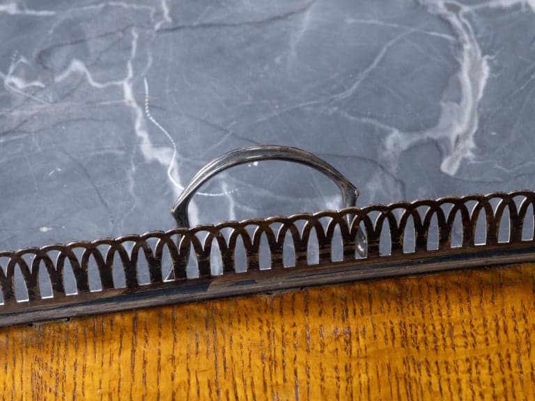 English 19th Century Oak Serving Tray with Pierced Metal Gallery and Handles - Image 7