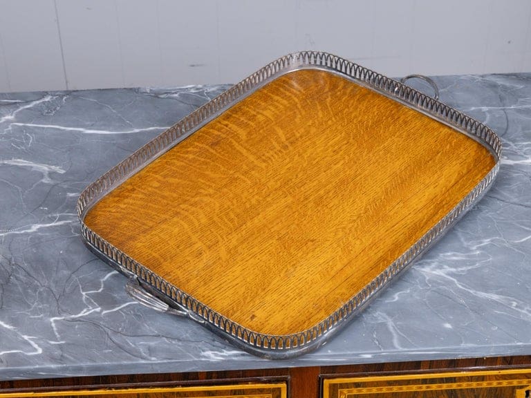 English 19th Century Oak Serving Tray with Pierced Metal Gallery and Handles - Image 9