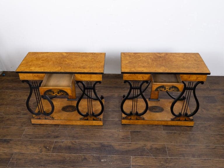 Pair of Biedermeier Walnut Consoles with Lyre Supports and Marquetry, Circa 1840 - Image 6