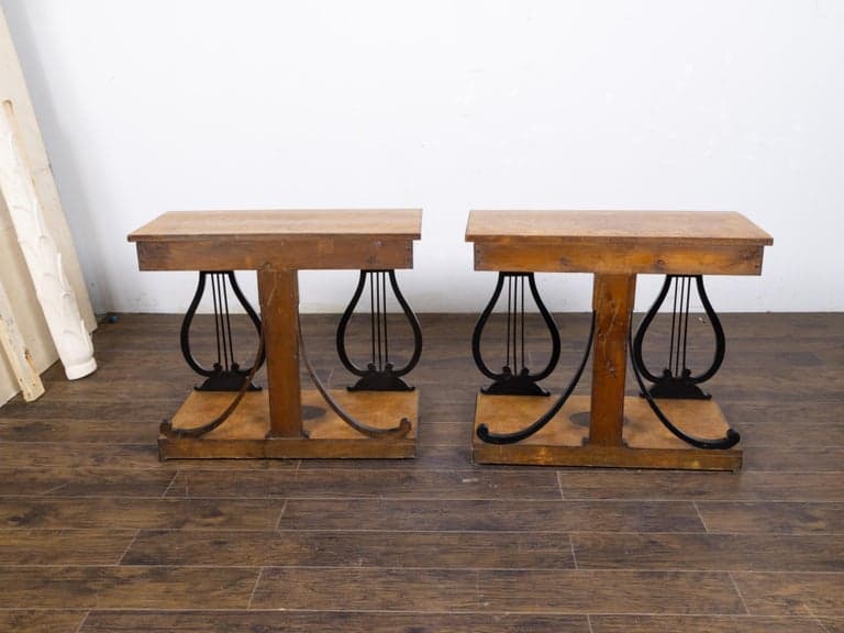Pair of Biedermeier Walnut Consoles with Lyre Supports and Marquetry, Circa 1840 - Image 3