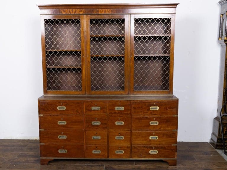 English Campaign-Style Mahogany Library Bookcase with Lattice Doors, 1850s - Image 18