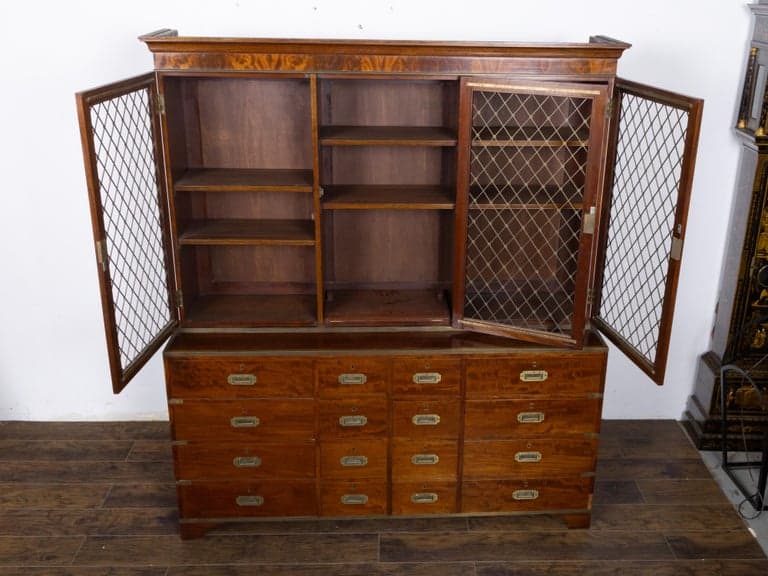 English Campaign-Style Mahogany Library Bookcase with Lattice Doors, 1850s - Image 9