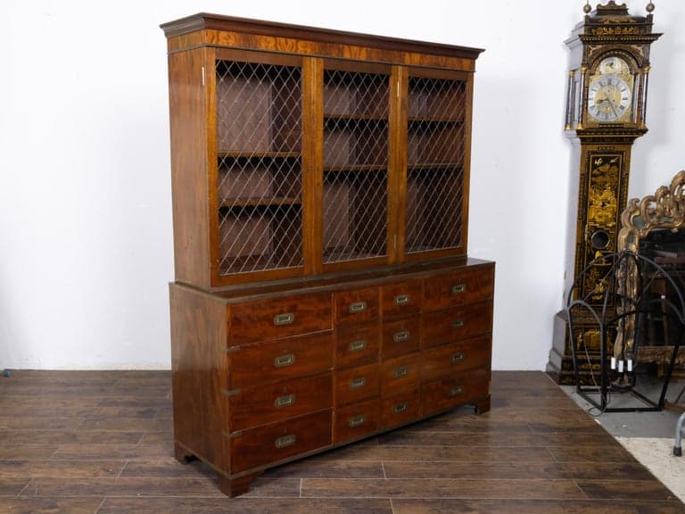 English Campaign-Style Mahogany Library Bookcase with Lattice Doors, 1850s - Image 6