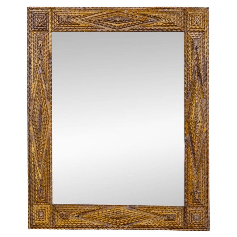 French Tramp Art Mirror with Deeply Carved Geometric Frame, circa 1900