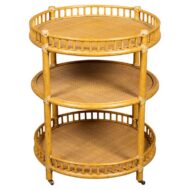 Midcentury Three-Tier Rattan Bar Cart or Rolling Serving Table with Gallery Rail