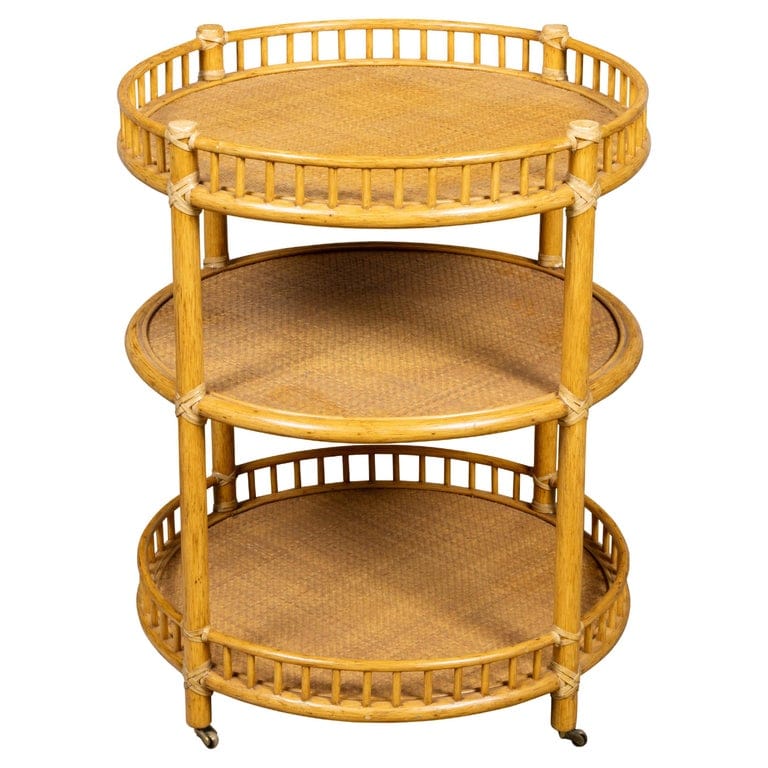 Midcentury Three-Tier Rattan Bar Cart or Rolling Serving Table with Gallery Rail