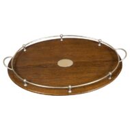 English Oak Serving Tray with Metal Gallery and Central Cartouche, circa 1900