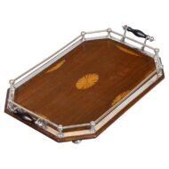 English 19th Century Oak Serving Tray with Marquetry Inlay and Silvered Gallery