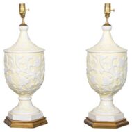 Pair of Mid-Century Italian Porcelain Urn-Form Table Lamps with White Relief