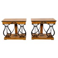 Pair of Biedermeier Walnut Consoles with Lyre Supports and Marquetry, Circa 1840