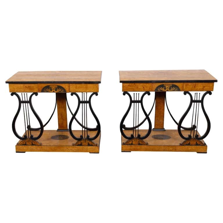 Pair of Biedermeier Walnut Consoles with Lyre Supports and Marquetry, Circa 1840