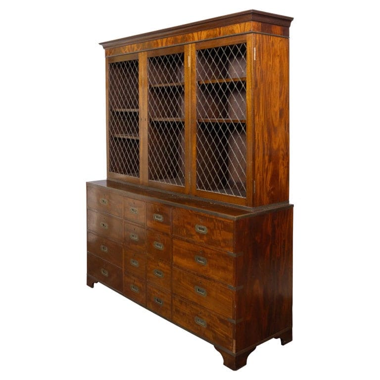 English Campaign-Style Mahogany Library Bookcase with Lattice Doors, 1850s