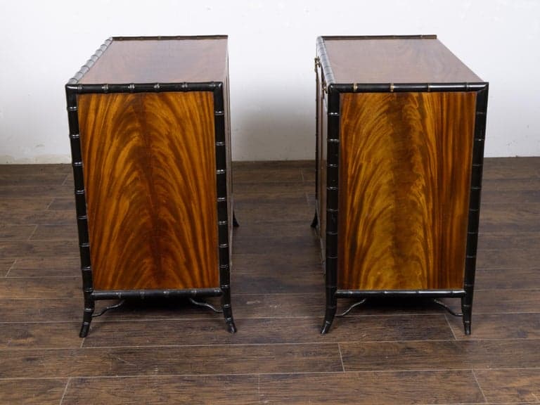 Pair of English Circa 1920 Mahogany Cabinets with Ebonized Faux Bamboo Frame - Image 3