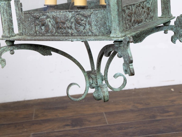 Italian 19th Century Verdigris Bronze Four-Light Lantern with Grotesque Motifs - Image 11