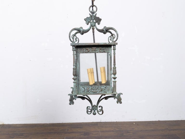 Italian 19th Century Verdigris Bronze Four-Light Lantern with Grotesque Motifs - Image 9