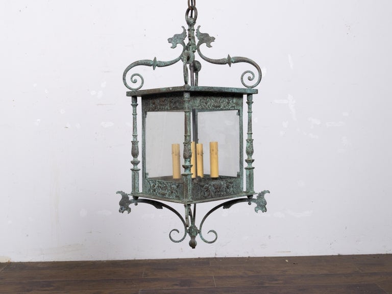 Italian 19th Century Verdigris Bronze Four-Light Lantern with Grotesque Motifs - Image 8
