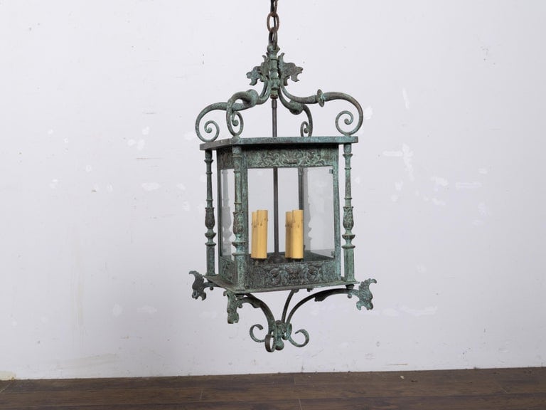 Italian 19th Century Verdigris Bronze Four-Light Lantern with Grotesque Motifs - Image 7