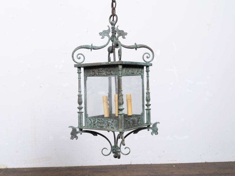 Italian 19th Century Verdigris Bronze Four-Light Lantern with Grotesque Motifs - Image 6