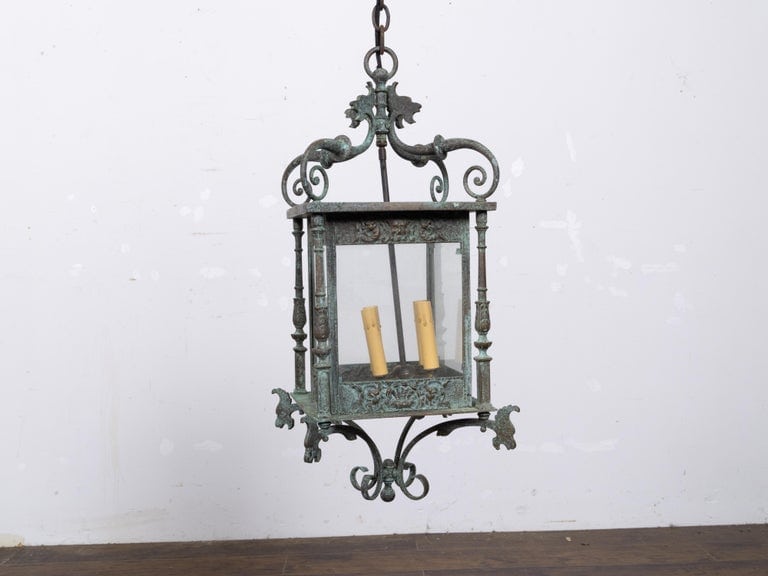 Italian 19th Century Verdigris Bronze Four-Light Lantern with Grotesque Motifs - Image 5