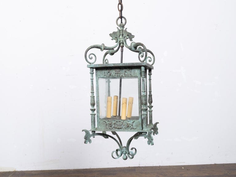 Italian 19th Century Verdigris Bronze Four-Light Lantern with Grotesque Motifs - Image 4