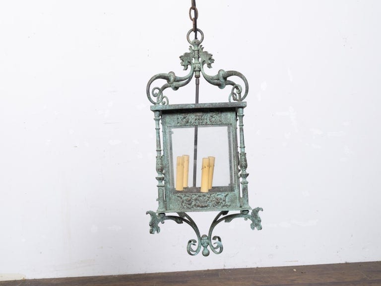 Italian 19th Century Verdigris Bronze Four-Light Lantern with Grotesque Motifs - Image 3