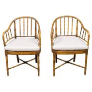 Pair of English Regency Faux Bamboo Armchairs with Cane Seats and Cushions