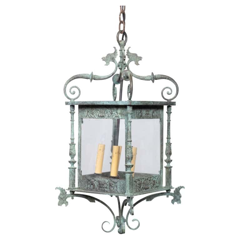 Italian 19th Century Verdigris Bronze Four-Light Lantern with Grotesque Motifs
