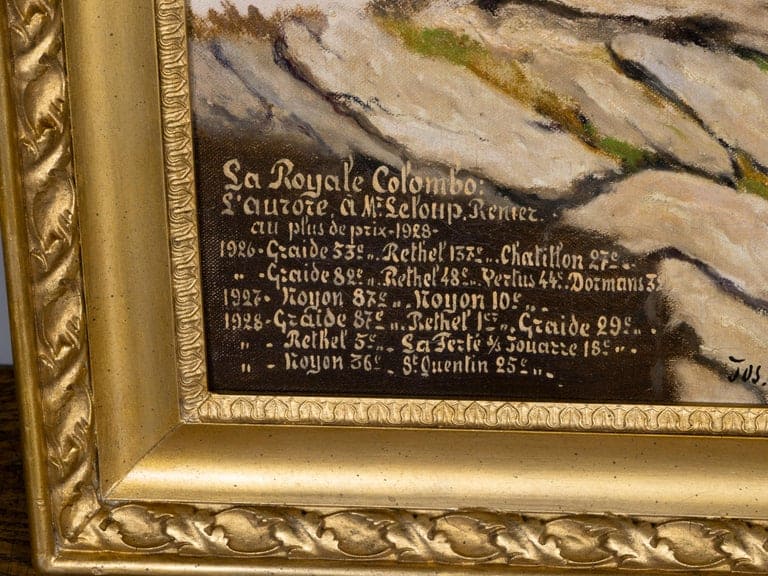 Belgian Oil Painting of Racing Pigeons with Competition Records, Signed Fraiture - Image 9