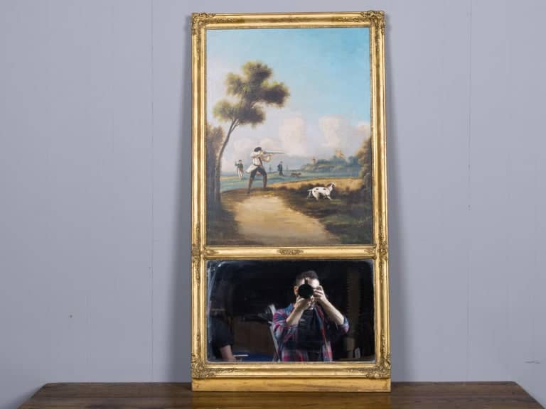 19th Century French Hunting Scene Trumeau Mirror with Painted Panel - Image 14