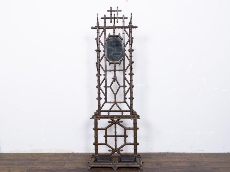 English Faux Bamboo Iron Hall Tree with Mirror and Umbrella Stand, circa 1900 - Image 14
