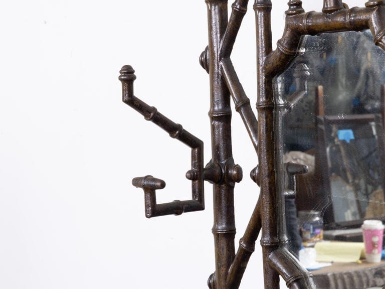 English Faux Bamboo Iron Hall Tree with Mirror and Umbrella Stand, circa 1900 - Image 11
