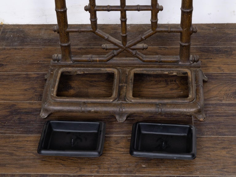 English Faux Bamboo Iron Hall Tree with Mirror and Umbrella Stand, circa 1900 - Image 8