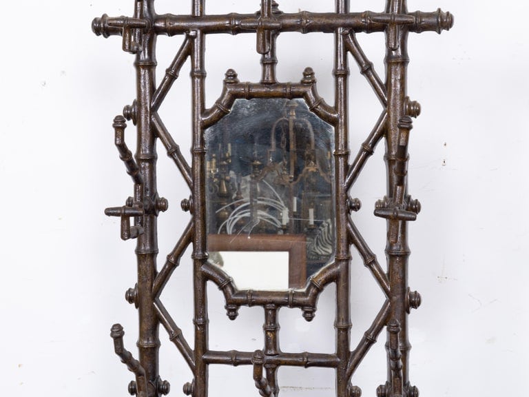 English Faux Bamboo Iron Hall Tree with Mirror and Umbrella Stand, circa 1900 - Image 7