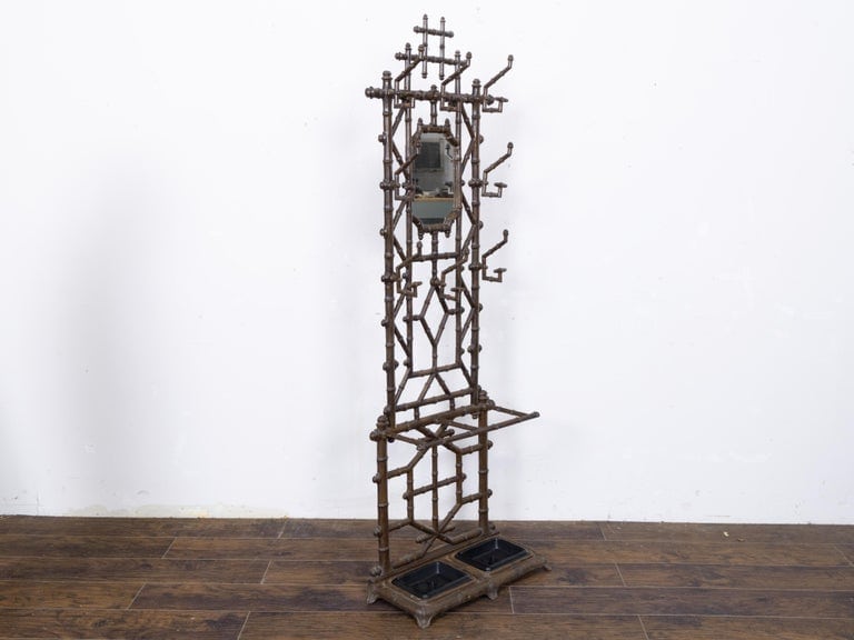 English Faux Bamboo Iron Hall Tree with Mirror and Umbrella Stand, circa 1900 - Image 6