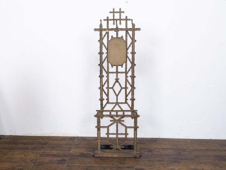 English Faux Bamboo Iron Hall Tree with Mirror and Umbrella Stand, circa 1900 - Image 4