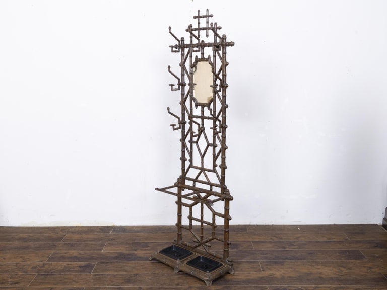 English Faux Bamboo Iron Hall Tree with Mirror and Umbrella Stand, circa 1900 - Image 2