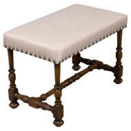 19th Century English Oak Upholstered Bench with Turned Legs and Nailhead Trim