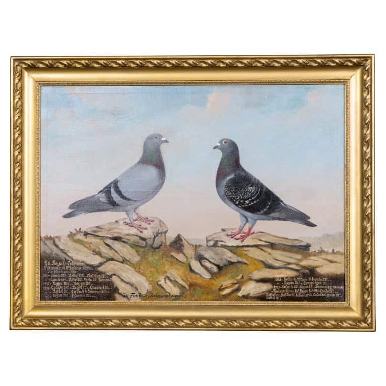 Belgian Oil Painting of Racing Pigeons with Competition Records, Signed Fraiture