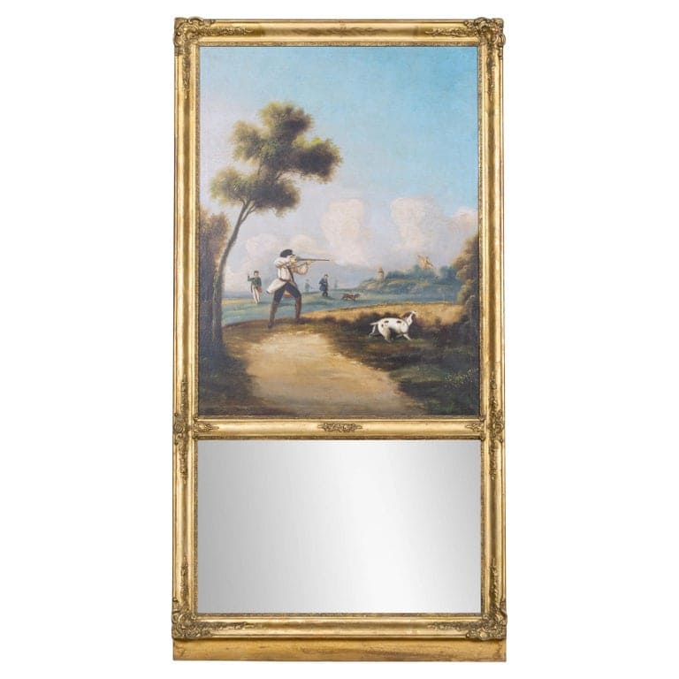 19th Century French Hunting Scene Trumeau Mirror with Painted Panel