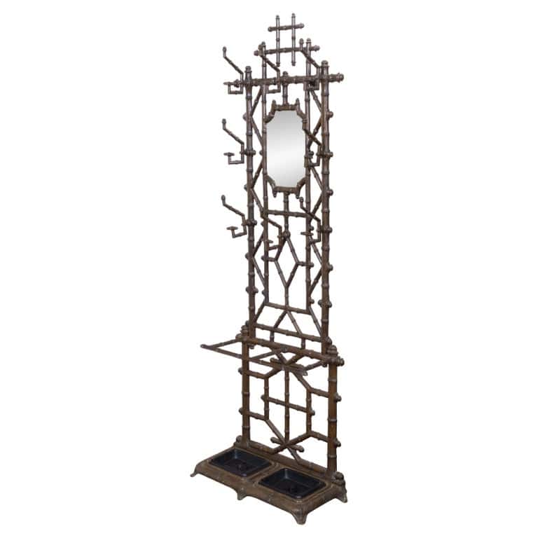 English Faux Bamboo Iron Hall Tree with Mirror and Umbrella Stand, circa 1900