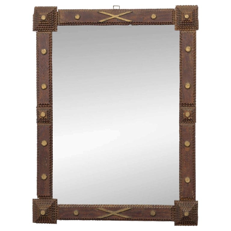 French Circa 1900 Tramp Art Mirror with Gilt Accents and Chip-Carved Frame