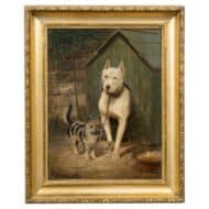 English 19th Century Oil on Canvas Painting of a Dog and Cat in Gilt Frame