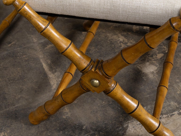 French Faux Bamboo Folding Chair and Ottoman with Iron Straps, Midcentury - Image 10
