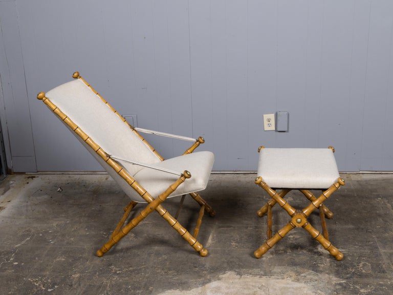 French Faux Bamboo Folding Chair and Ottoman with Iron Straps, Midcentury - Image 6