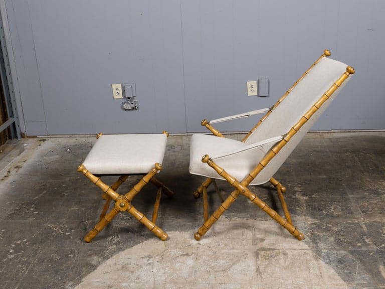 French Faux Bamboo Folding Chair and Ottoman with Iron Straps, Midcentury - Image 4